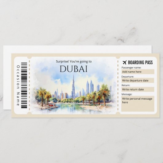 Bewerkbare Dubai Boarding Pass Vliegticket Kaart (Voorkant / Achterkant)