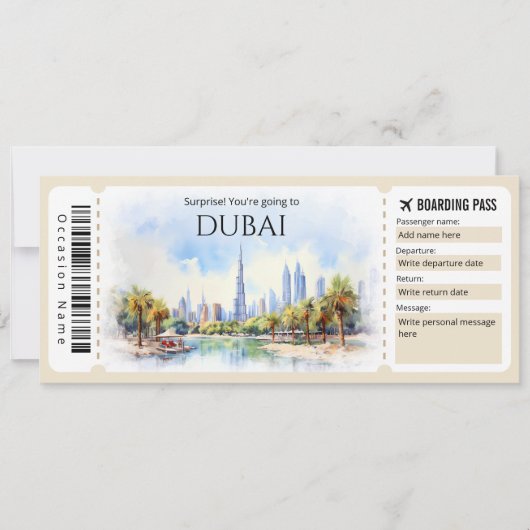 Bewerkbare Dubai Boarding Pass Vliegticket Kaart (Voorkant)