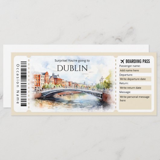 Bewerkbare Dublin Boarding Pass Vliegticket Kaart (Voorkant / Achterkant)