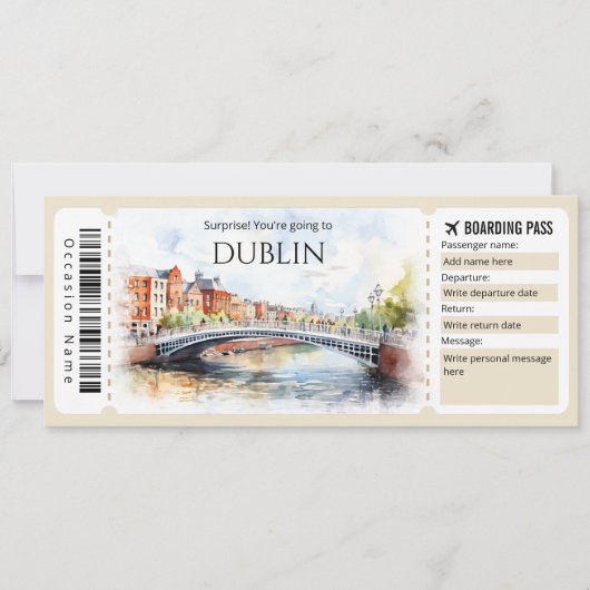 Bewerkbare Dublin Boarding Pass Vliegticket Kaart (Voorkant)