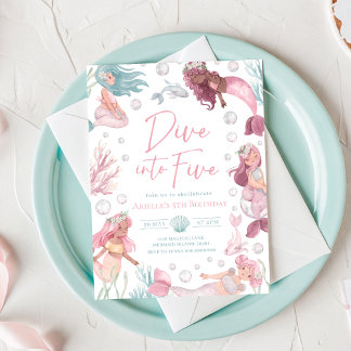 Bewerkbare Duik in 5 Zeemeermin Verjaardagsuitnodi Kaart