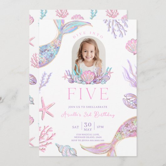 Bewerkbare duik in vijf zeemeerminuitnodigingen kaart (Voorkant / Achterkant)