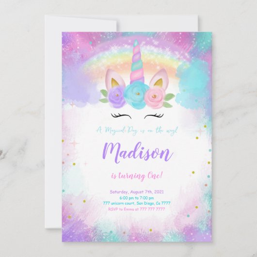 Bewerkbare Eenhoorn Verjaardagsfeestuitnodiging Kaart (Voorkant)