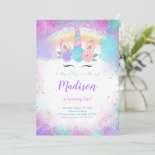 Bewerkbare Eenhoorn Verjaardagsfeestuitnodiging Kaart (Staand voorkant)