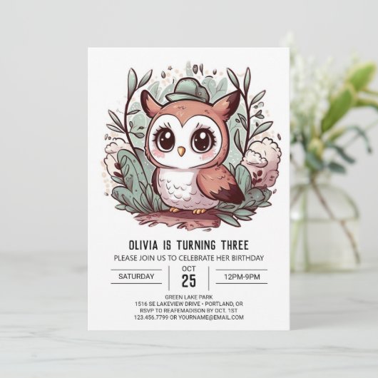 Bewerkbare eenvoudige digitale uil verjaardag kaart (Staand voorkant)