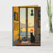 Bewerkbare Eenzame Kat Kijkend naar een Zonsonderg Kaart (Voorkant)