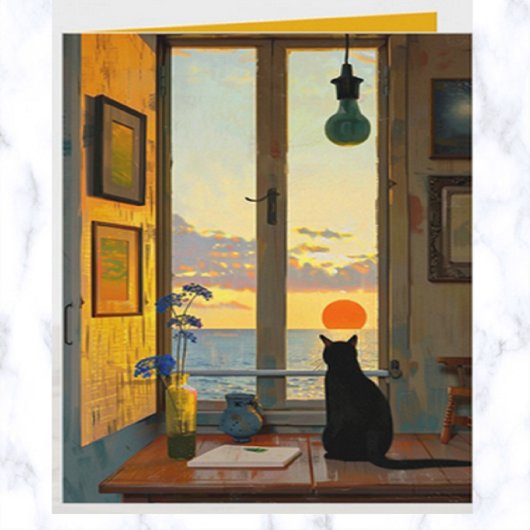 Bewerkbare Eenzame Kat Kijkt naar een Zonsondergan Kaart