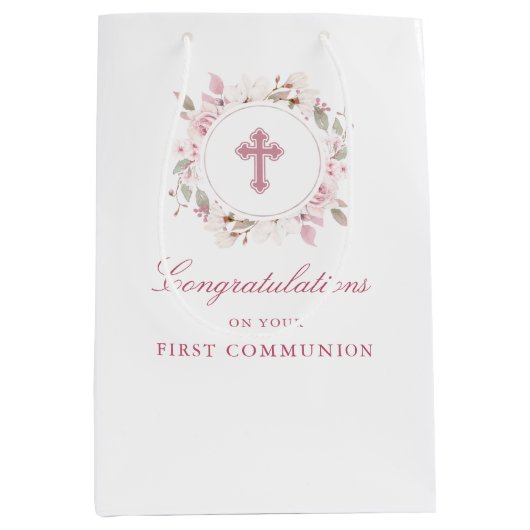 Bewerkbare eerste communie roze bloem kruis medium cadeauzakje (Voorkant)