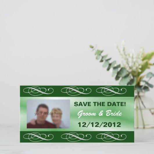 Bewerkbare elegante groene bruiloft opslaan van de save the date (Staand voorkant)