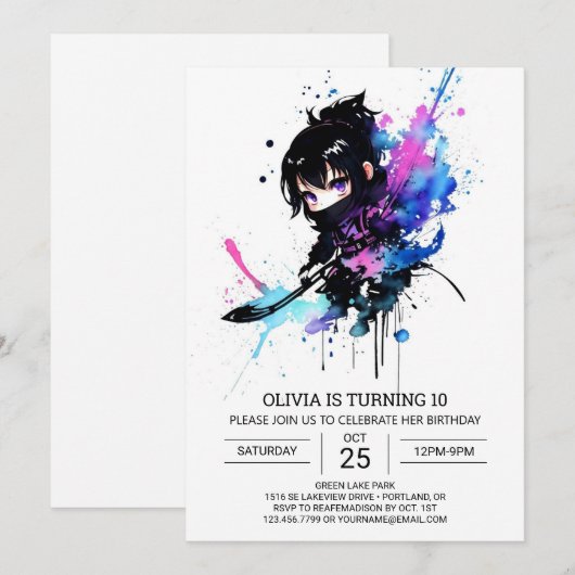 bewerkbare elegante ninja meisje verjaardag kaart (Voorkant / Achterkant)