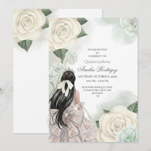 Bewerkbare Elegante Wit Goud Quinceañera uitnodigi Kaart (Voorkant / Achterkant)