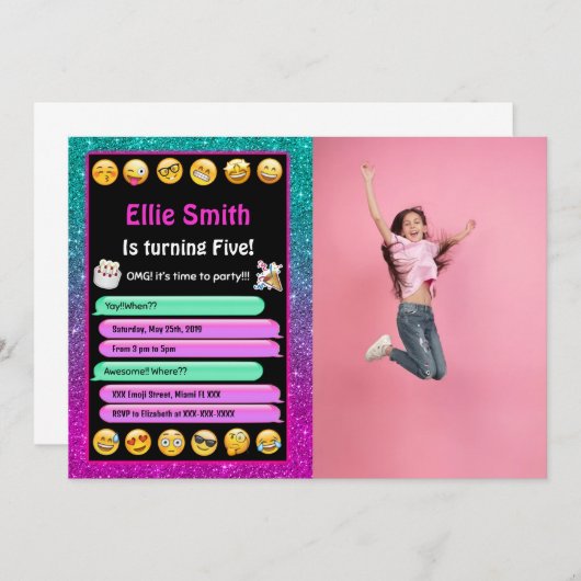 Bewerkbare Emoji Verjaardag Foto Uitnodiging (Voorkant / Achterkant)