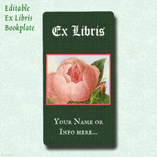 Bewerkbare Ex Libris Boekplaat Vintage Roze Roos Etiket