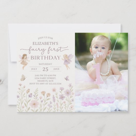Bewerkbare Fairy First Birthday Invitation Kaart (Voorkant)