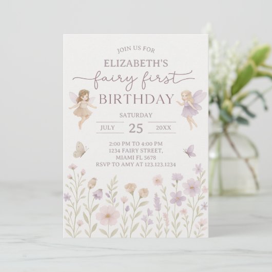 Bewerkbare Fairy First Birthday Invitation Kaart (Staand voorkant)