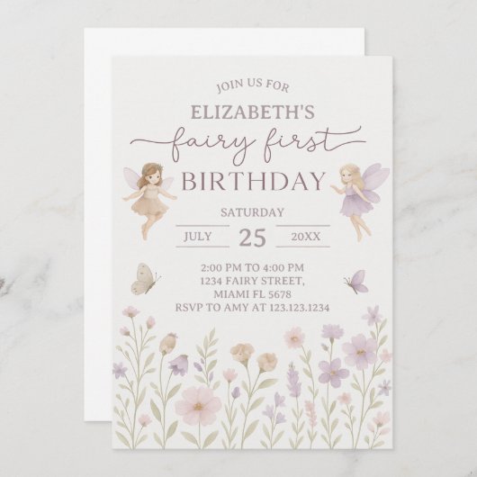 Bewerkbare Fairy First Birthday Invitation Kaart (Voorkant / Achterkant)