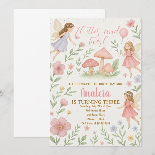 Bewerkbare Fairy Garden verjaardagsuitnodiging Kaart (Voorkant / Achterkant)