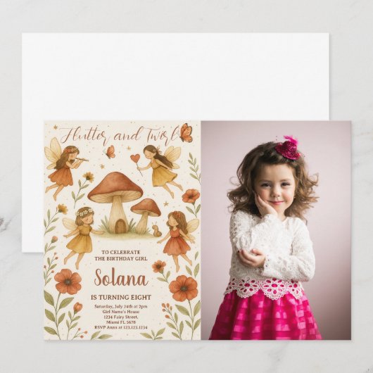 Bewerkbare Fairy verjaardagsuitnodiging met foto Kaart (Voorkant / Achterkant)