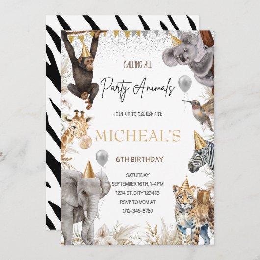 Bewerkbare Feest Dieren Uitnodiging Safari Verjaar (Voorkant / Achterkant)