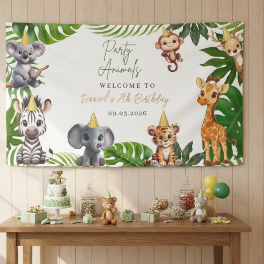 Bewerkbare feestdieren Jungle verjaardagsbanner Spandoek