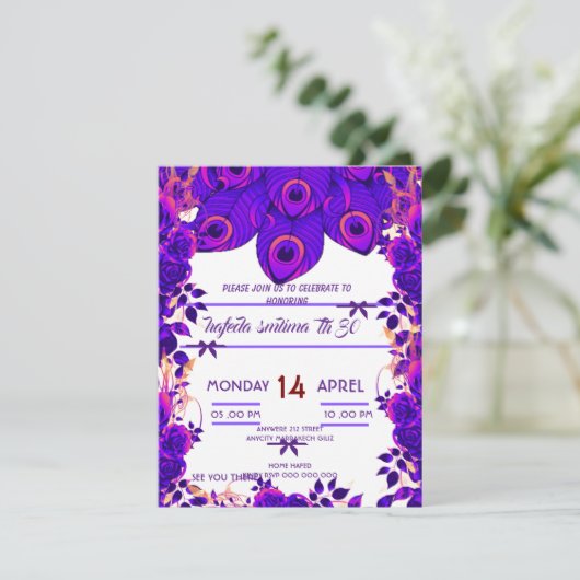 Bewerkbare feestuitnodigingen Peacock Feather Glit Kaart (Staand voorkant)