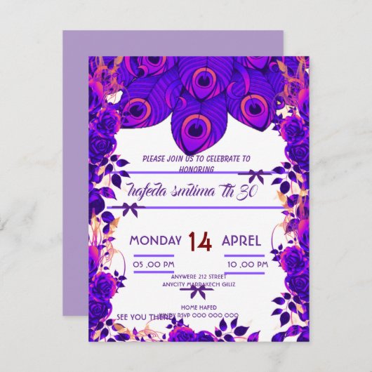 Bewerkbare feestuitnodigingen Peacock Feather Glit Kaart (Voorkant / Achterkant)