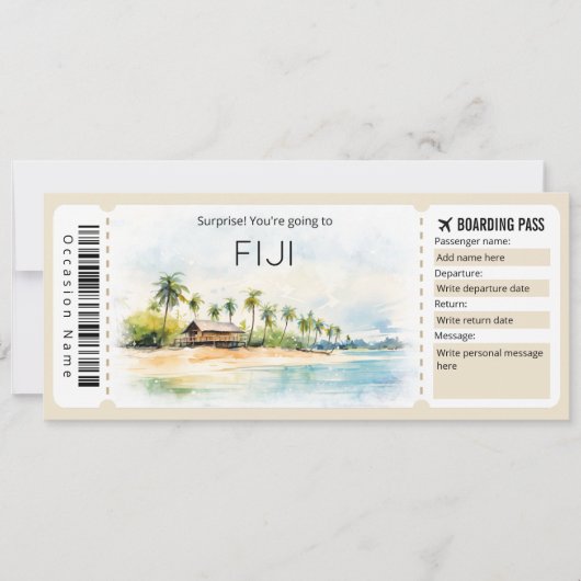 Bewerkbare Fiji Vliegticket Boarding Pass Kaart (Voorkant)
