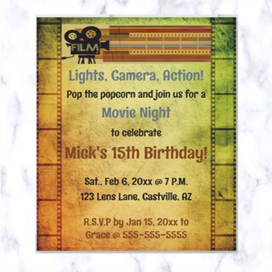 Bewerkbare Film Nacht Verjaardagsfeestje Kaart