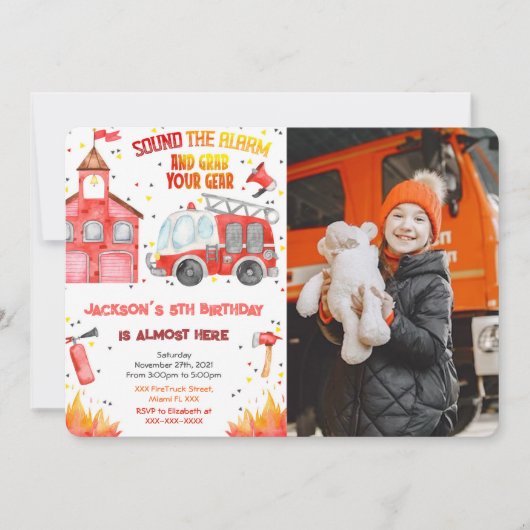 Bewerkbare Fire Truck Foto Uitnodigingen (Voorkant)
