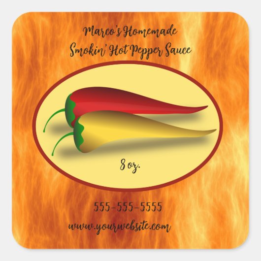 Bewerkbare Flames Rokin-label voor hot Pepper Sauc Vierkante Sticker (Voorkant)