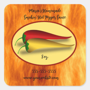 Bewerkbare Flames Rokin-label voor hot Pepper Sauc Vierkante Sticker