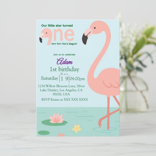 Bewerkbare Flamingo Eerste Verjaardag Uitnodiging (Staand voorkant)
