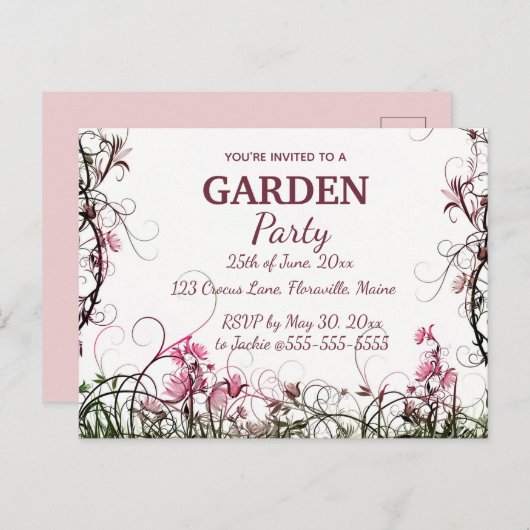 Bewerkbare Floral Garden Party Uitnodiging Briefkaart (Voorkant / Achterkant)
