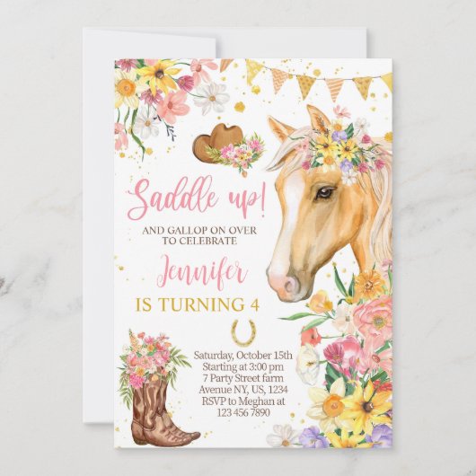 Bewerkbare Floral Horse Verjaardag Uitnodiging Sja (Voorkant)
