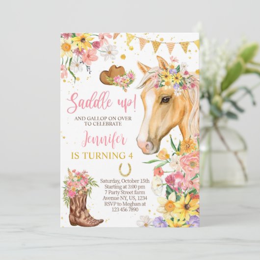 Bewerkbare Floral Horse Verjaardag Uitnodiging Sja (Staand voorkant)