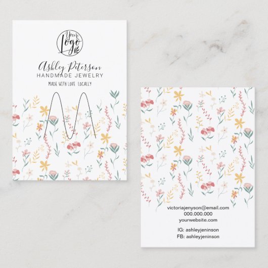 Bewerkbare florale logo sieraden ringhouder visitekaartje (Voorkant / Achterkant)