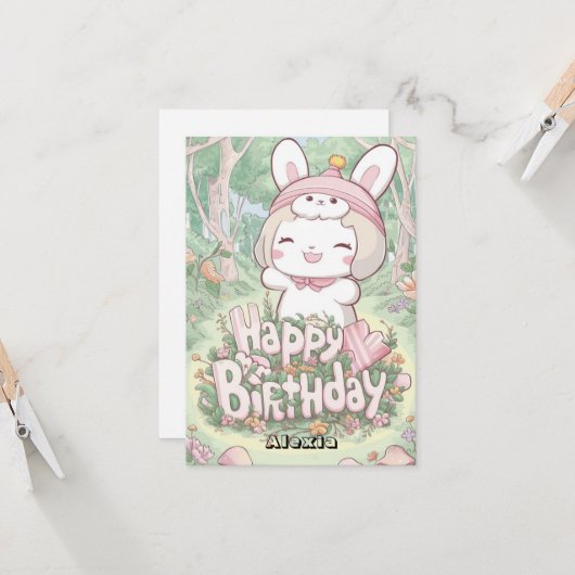 Bewerkbare Fluffy Bunny digitale verjaardag Kaart (Voorkant / Achterkant in situ)