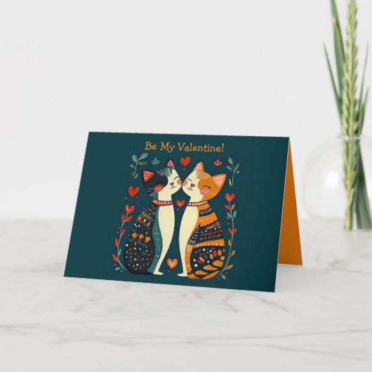 Bewerkbare Folk Art Cats Valentijnsdag Kaart (Voorkant)