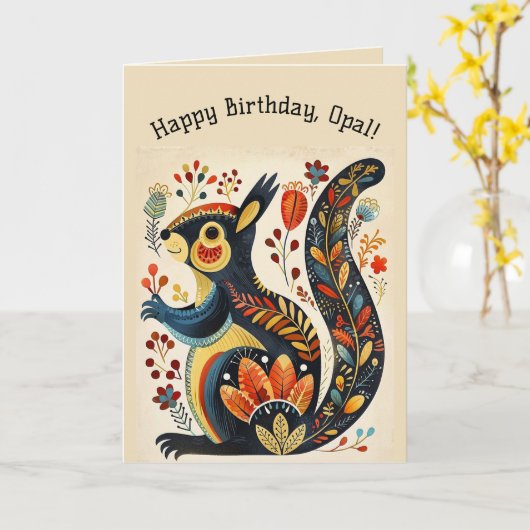 Bewerkbare Folk Art Eekhoorn Kaart (Gele Bloem)