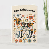 Bewerkbare Folk Art Stier en Bloemen Kaart (Voorkant)