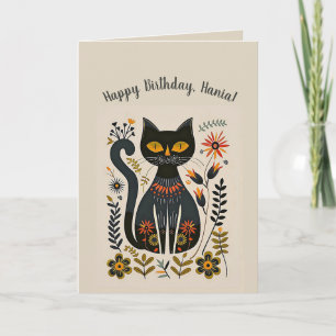 Bewerkbare Folk Art Zwarte Kat Verjaardagskaart Kaart