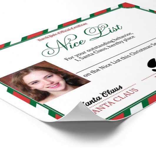 Bewerkbare foto Santa's Nice List Certificaat Poster (Hoek)