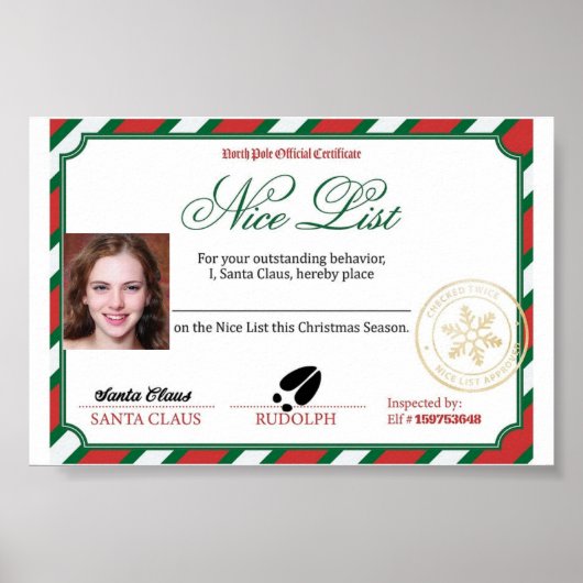 Bewerkbare foto Santa's Nice List Certificaat Poster (Voorkant)