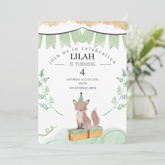 Bewerkbare Fox verjaardagsuitnodiging | bosbeest Kaart (Staand voorkant)