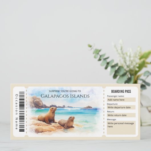 Bewerkbare Galapagos Island Plane Boarding Pass Kaart (Staand voorkant)