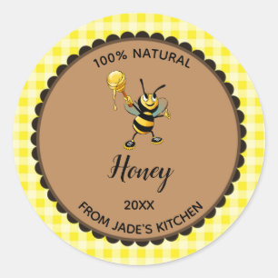 Bewerkbare Geel Gingham Honey Bee Label Stickers
