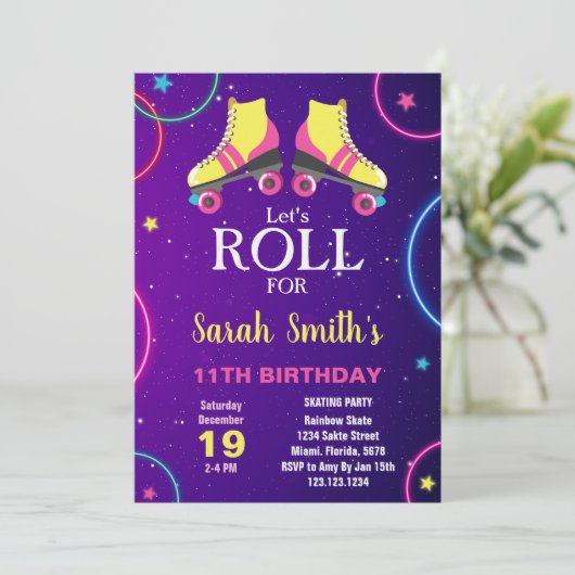 Bewerkbare Geel & Roze Roller Schaats Party Uitnod Kaart (Staand voorkant)