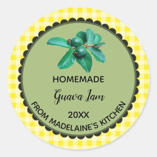 Bewerkbare gele Gingham Guava Label Stickers (Voorkant)
