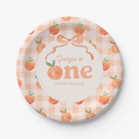 Bewerkbare Gingham Perzik Papieren Borden Bordje (Voorkant)