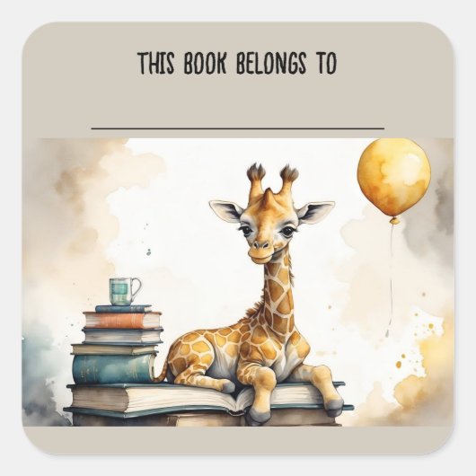 Bewerkbare Giraffe en Boeken Bookplate Sticker (Voorkant)